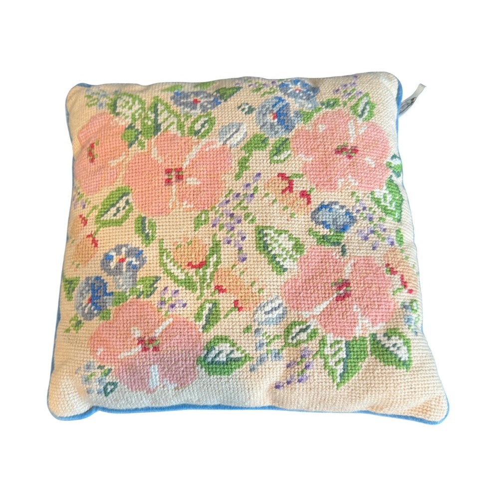 San Francisco Music Box Co Floral Needlepoint Musical Pillow Blue Velvet 10x10